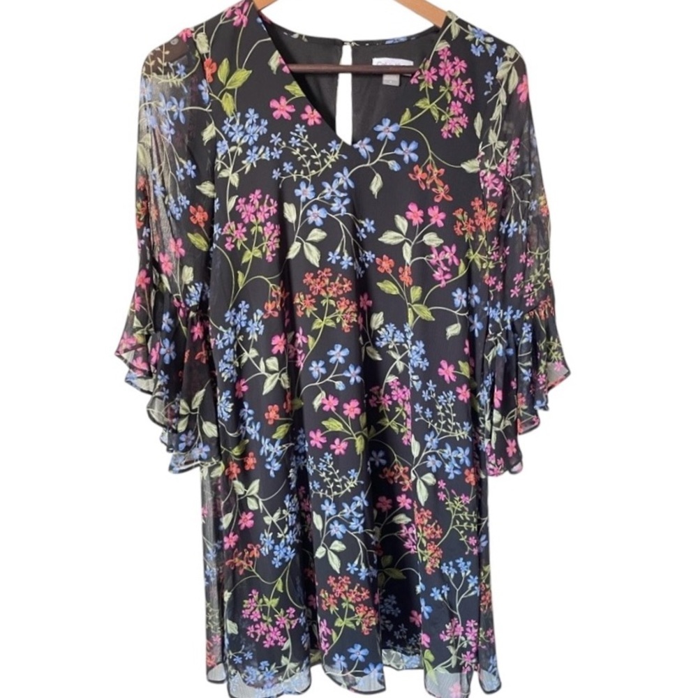 Calvin Klein women's floral black dress Size 4 (S/M) ruffle statement sleeves